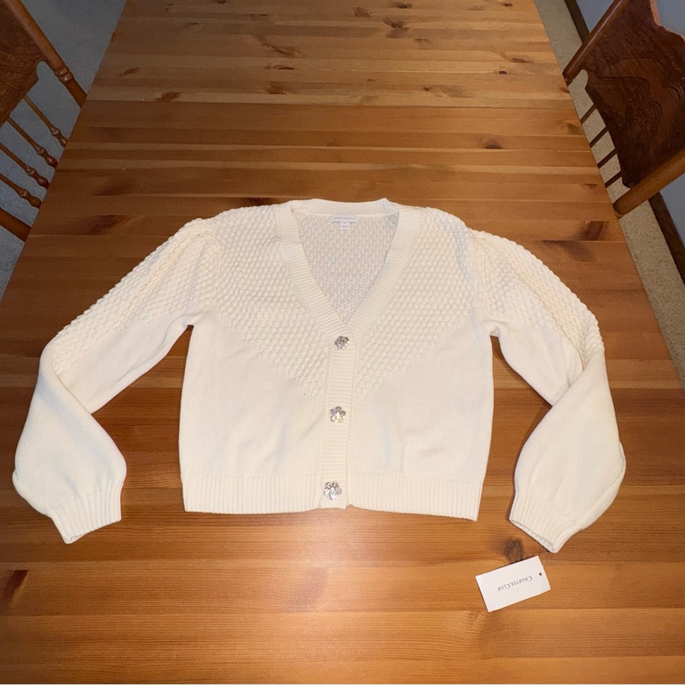 NWT Charter Club Women's White V-neck Cardigan Jewel Buttons Size Medium
